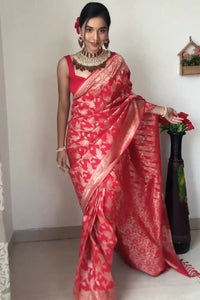 Thumbnail for Malishka litchi Silk Jacquard Ready To Wear Saree With Blouse Piece - Red - Distacart