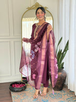 Thumbnail for The52 Wine Women's Gorgeous Rayon Fabric Embroidered Work Straight Kurta Pant and Dupatta Set - Distacart