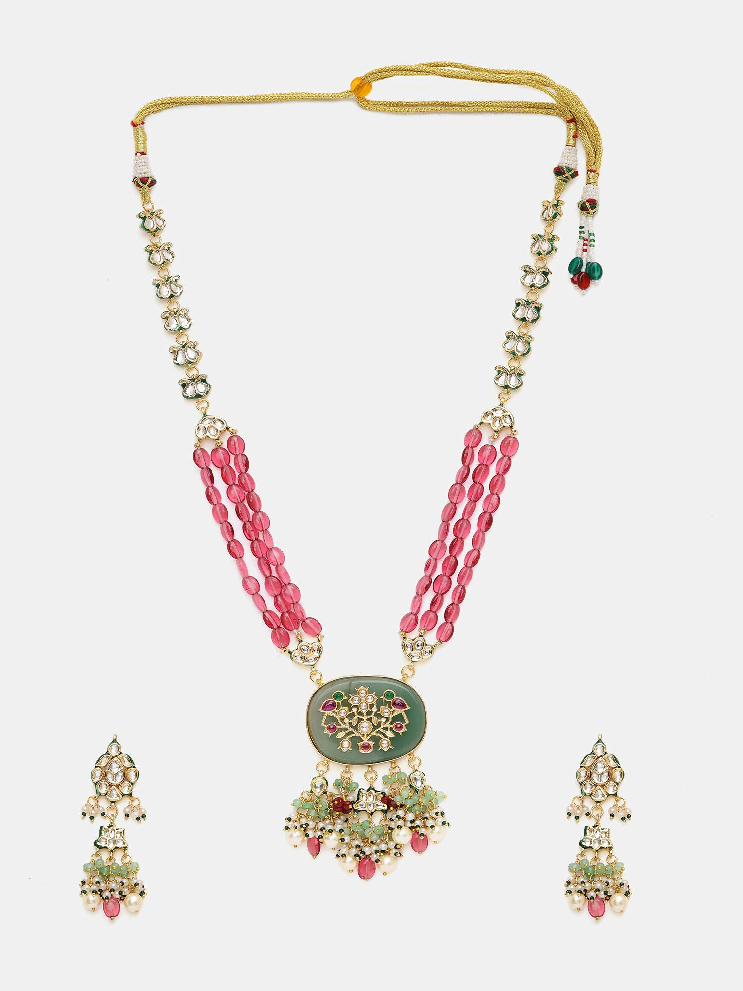 Ruby Raang 22k Gold Polished Long Multi Kundan Necklace With Earrings