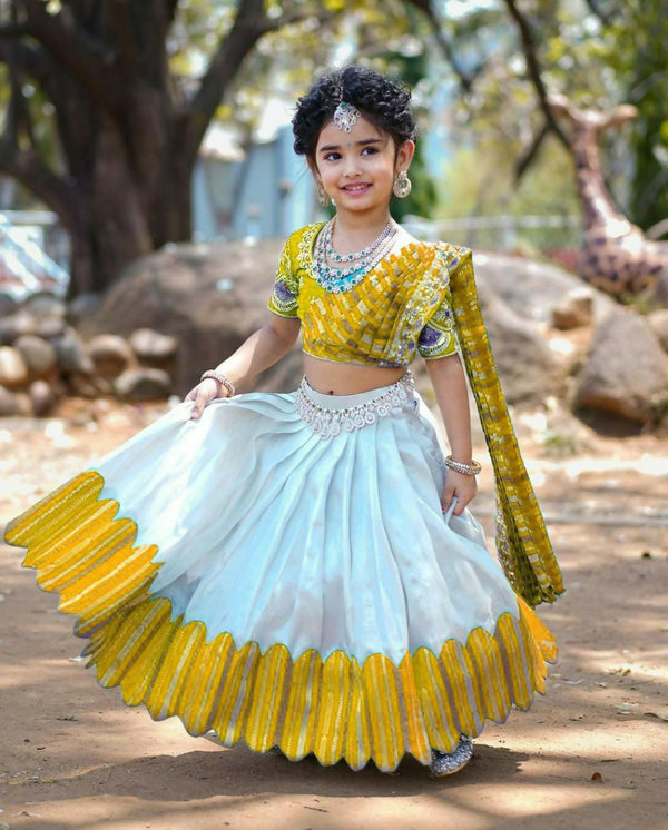 Jyoti Fashion Classy Yellow Heavy Chenille Sequins Embroidered Kids Lehenga Choli Set - Distacart
