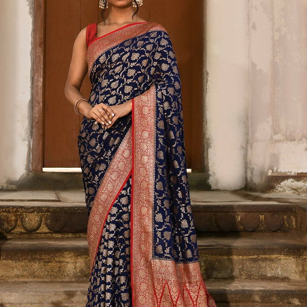 Joban Fashion Navy Blue Crepe Chiffon Pure Handloom Banarasi Silk Saree