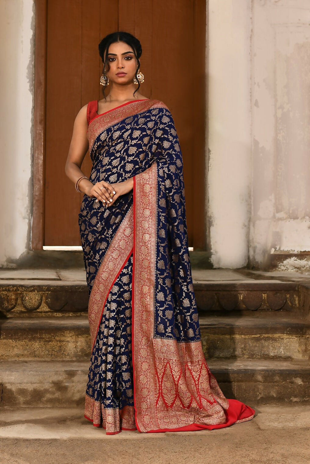 Joban Fashion Navy Blue Crepe Chiffon Pure Handloom Banarasi Silk Saree - Dista