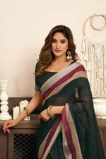 Thumbnail for Joban Fashion  Black Solid Linen Ready To Wear Saree With Unstitched Blouse - Distacart