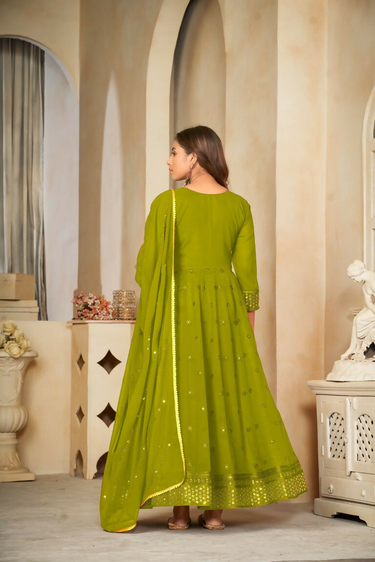Jyoti Fashion Women's Mehendi Georgette Embroidered Anarkali Kurta Pant Set With Dupatta - Distacart