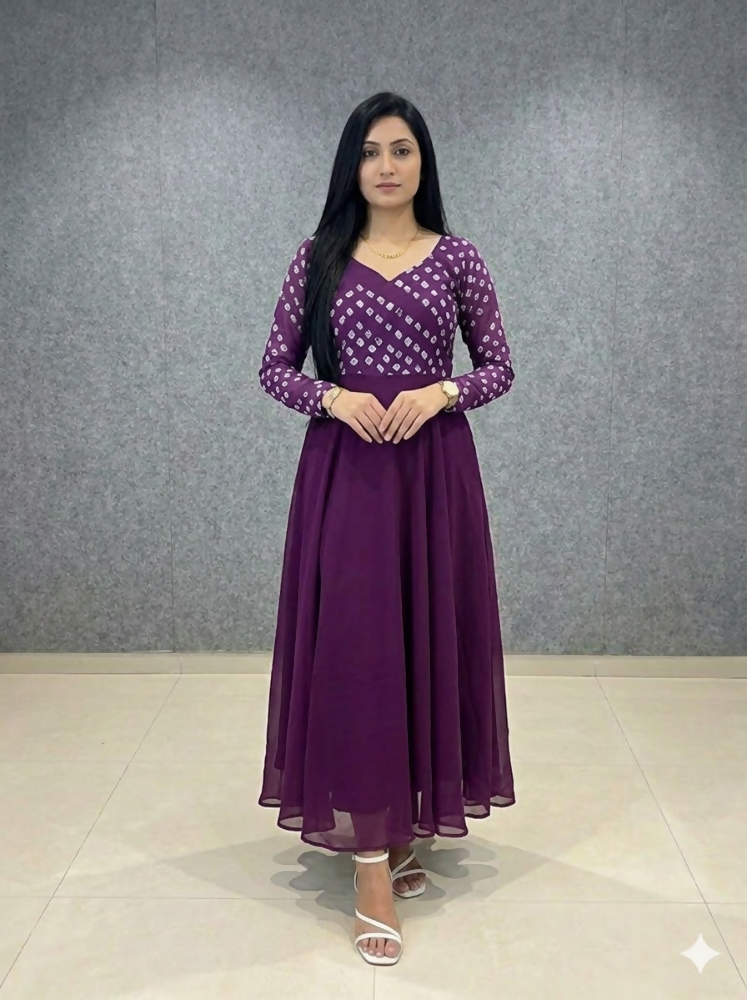 Teeya Creation Women's Wine Bandhani Print Anarkali Gown - Dista