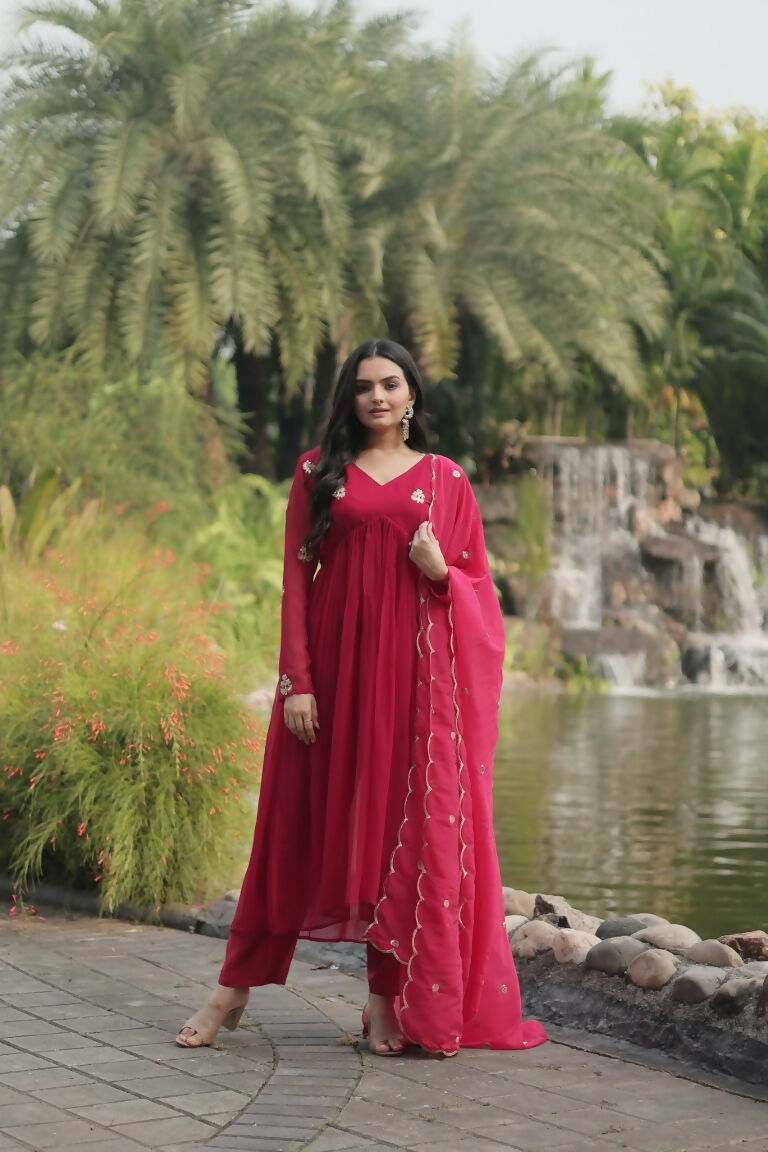 Jyoti Fashion Women's Pink Faux Blooming Embroidered Kurta with Trouser & Dupatta - Distacart
