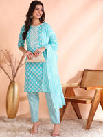 Thumbnail for Ode by House of Pataudi Thread Work Pure Cotton Straight Kurta with Trousers & Dupatta - Distacart