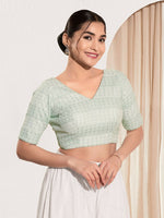 Thumbnail for Joban Fashion Pista Green Crochet Padded Blouse With V Neck Elbow Sleeves - Distacart