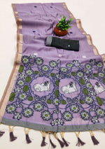 Thumbnail for Vastranavya Lavender Muga Cotton Meenakari & Azarakh Pallu Saree with Contrast Blouse - Distacart
