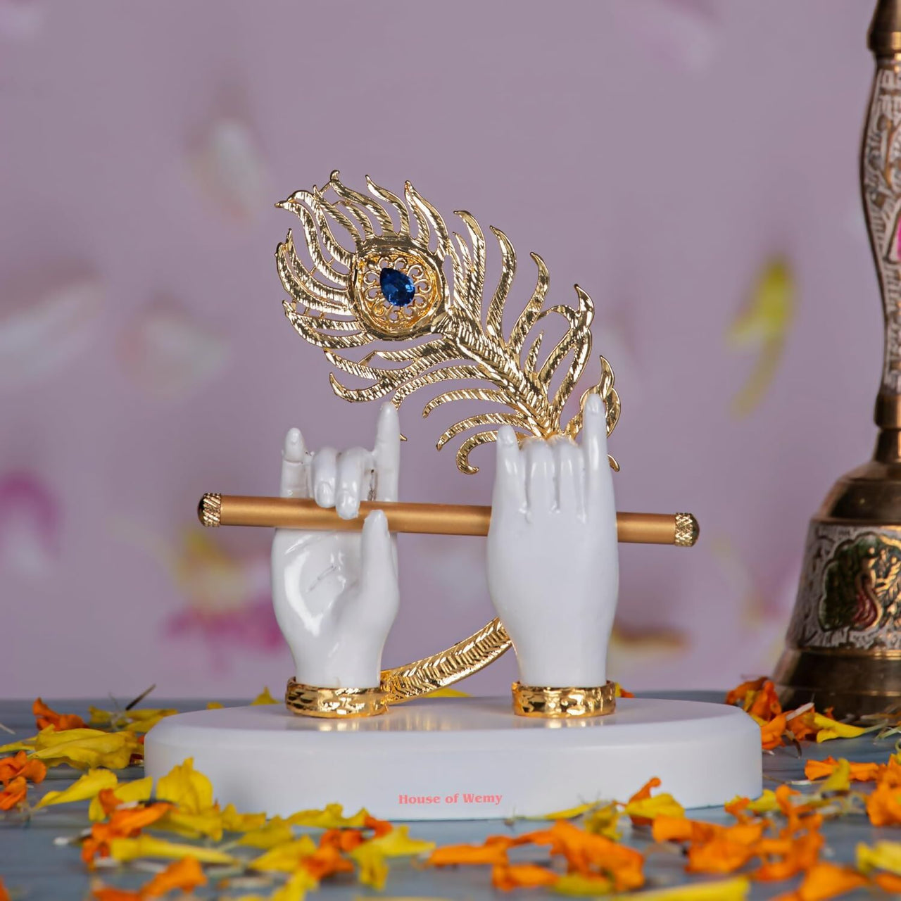 House Of Wemy Gold Plated Melody Krishna Hands Idol with Flute and Peacock Feather - White - Distacart