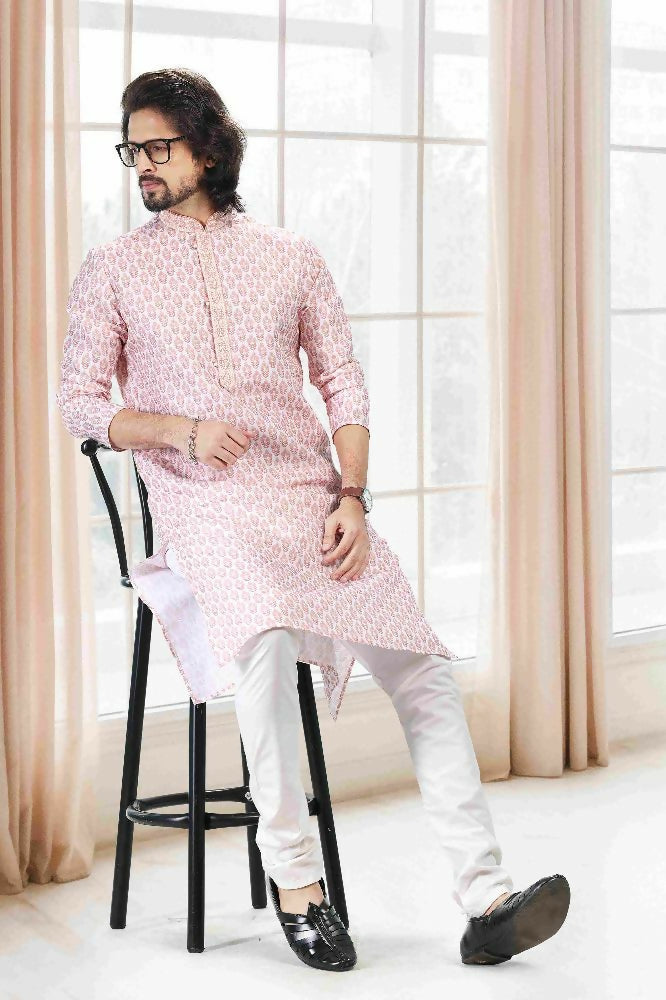 Raivat Ethnic Cotton Thread Work Kurta Pajama In Baby Pink Colour - Dista