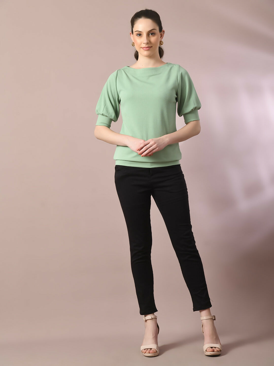 Myshka Women's Sea Green Solid Boat Neck Party Top - Distacart