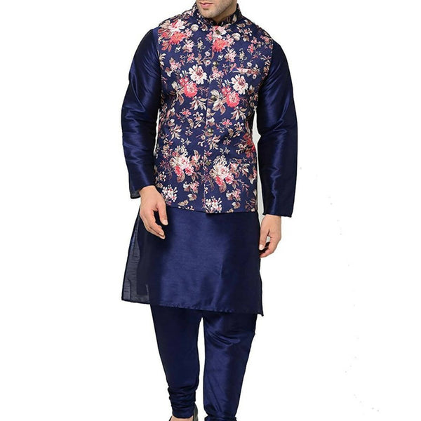 ABH Lifestyle Men's Silk Navy Blue Kurta Pyjama & Printed Nehru Jacket - Distacart