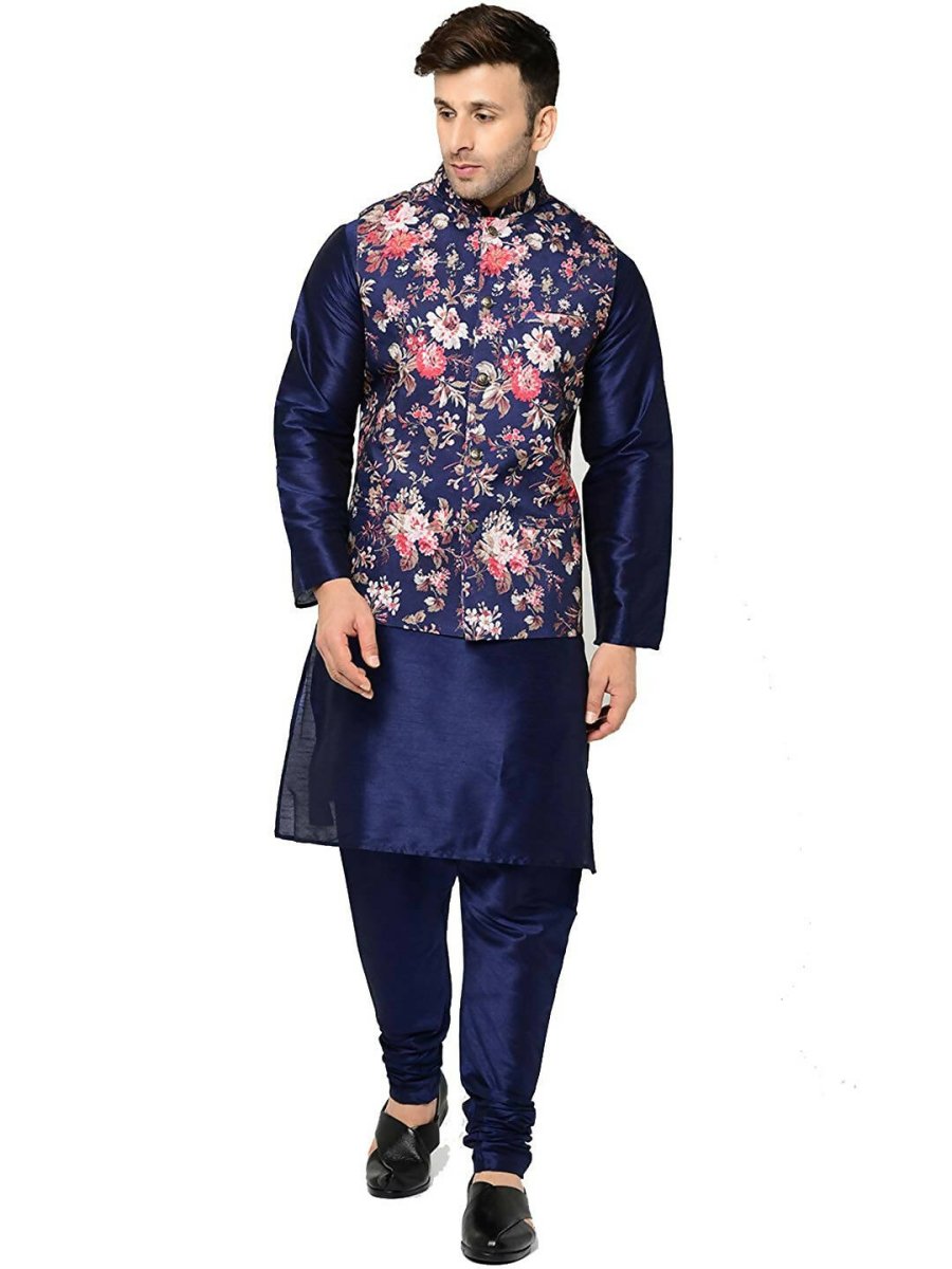 ABH Lifestyle Men's Silk Navy Blue Kurta Pyjama & Printed Nehru Jacket - Distacart