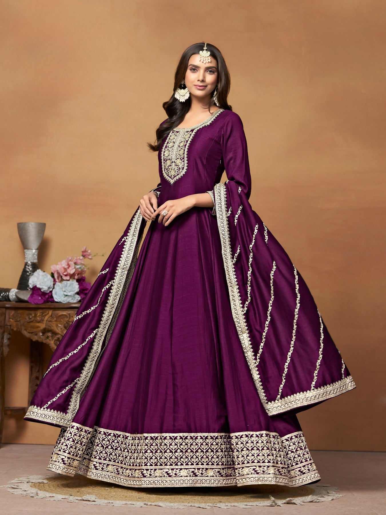 Anaita Wine Embroidered Art Silk Anarkali Suit - Distacart