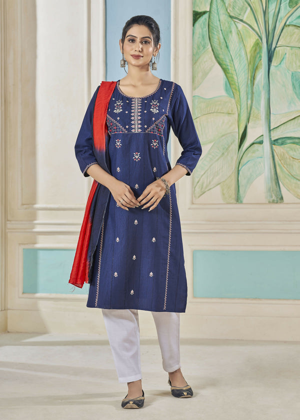Jyoti Fashion Women's Blue Pure Viscose Weaving Stripe with Embroidery Kurta Set - Distacart