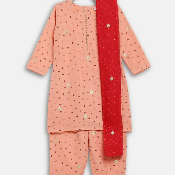 Ahalyaa Peach Crepe Gold Printed Kids Kurta Sets With Dupatta For Girls - Distacart