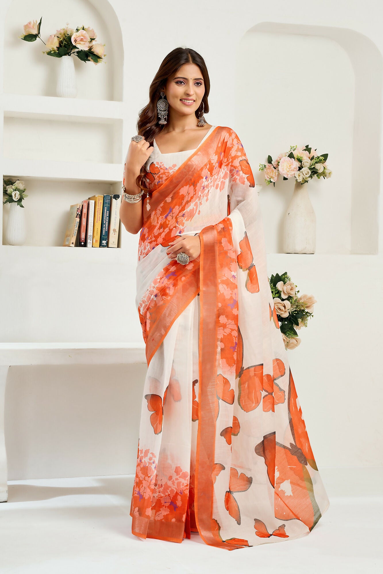 Vastranavya White Orange Digital Printed Linen Ready To Wear Designer Saree with Unstitched Blouse - Distacart