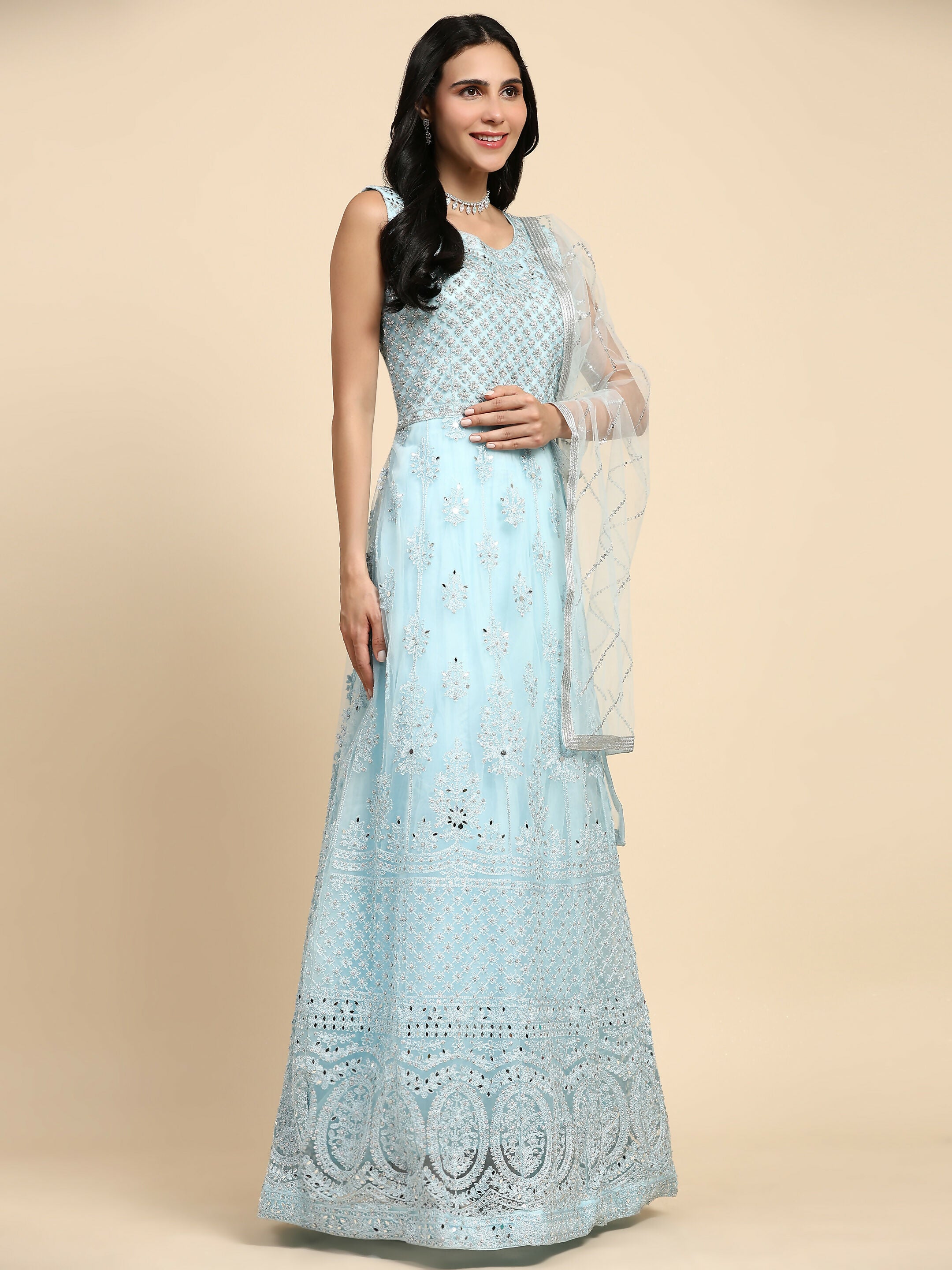 Blue Net Hand Embroidered Gown - Rudrani - Distacart