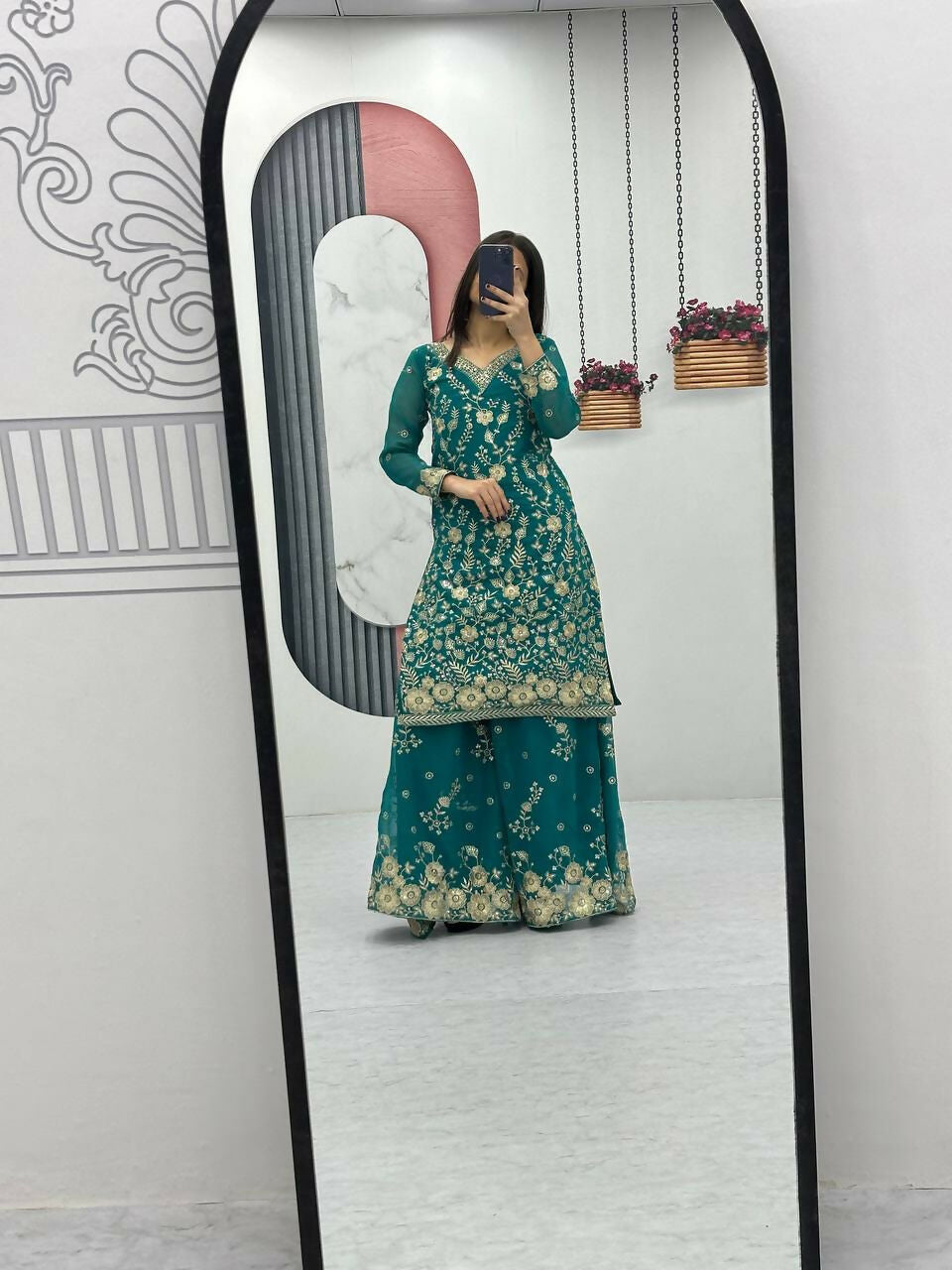 Teeya Creation Womens New Heavy Fox Georgette Fabric With Heavy Embroidery Work Green Kurta Set - Dista