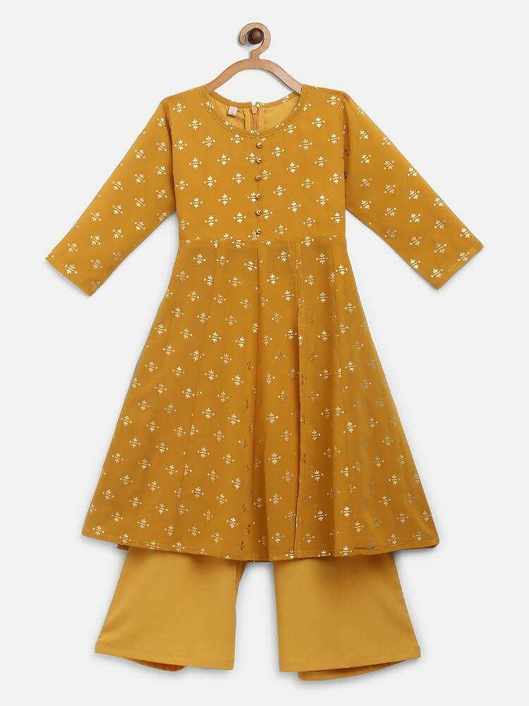 Ahalyaa Mustard Georgette Flared Kids Kurta Palazzo Set For Girls - Distacart