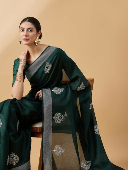 Green Cotton Blend Thread Embroidered Saree with Unstitched Blouse - Satya - Distacart