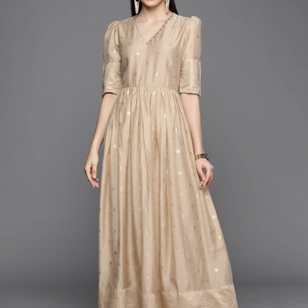 Ahalyaa Women's Beige Chanderi Gold Foil Print Dress - Distacart