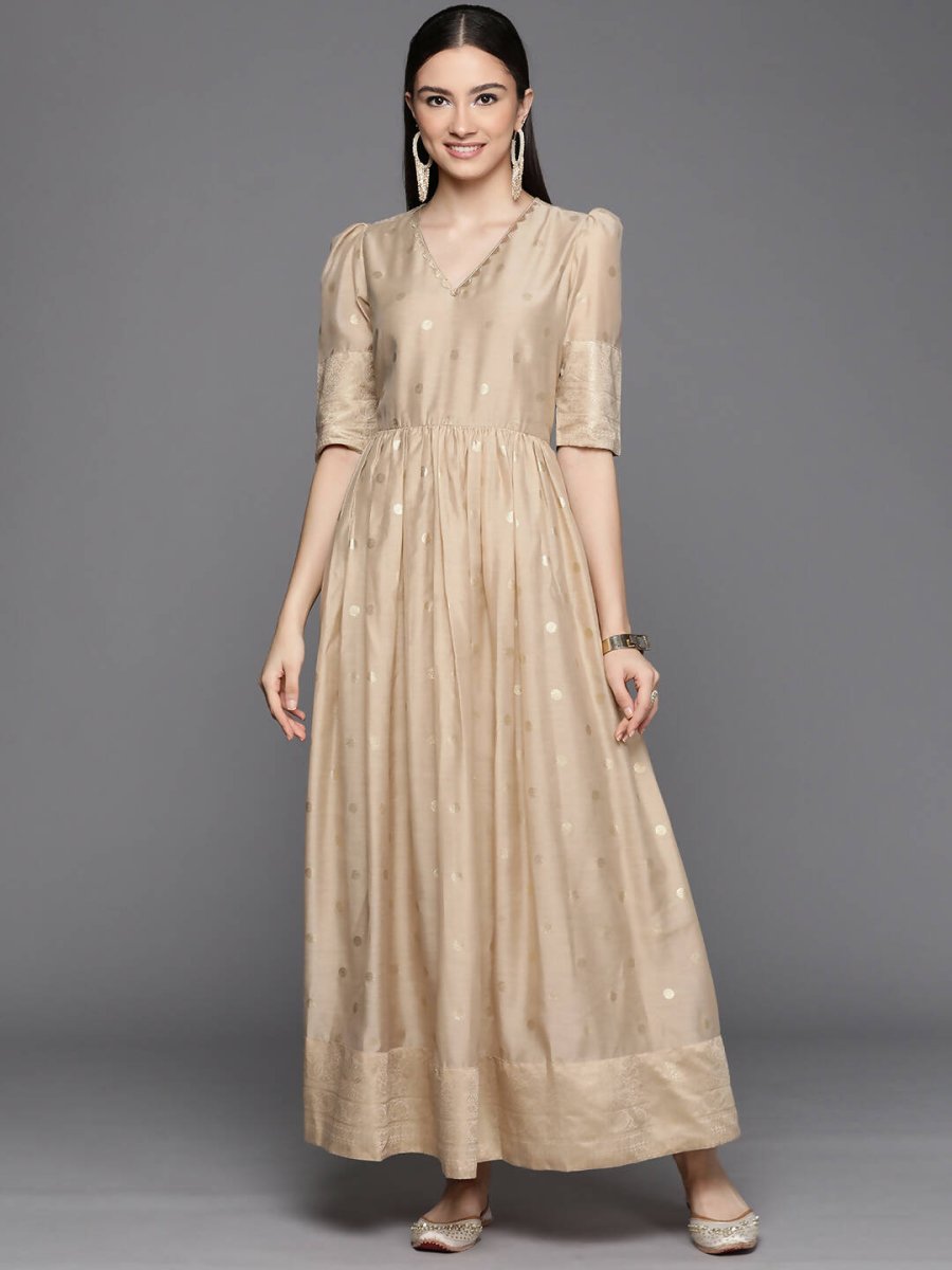 Ahalyaa Women's Beige Chanderi Gold Foil Print Dress - Distacart