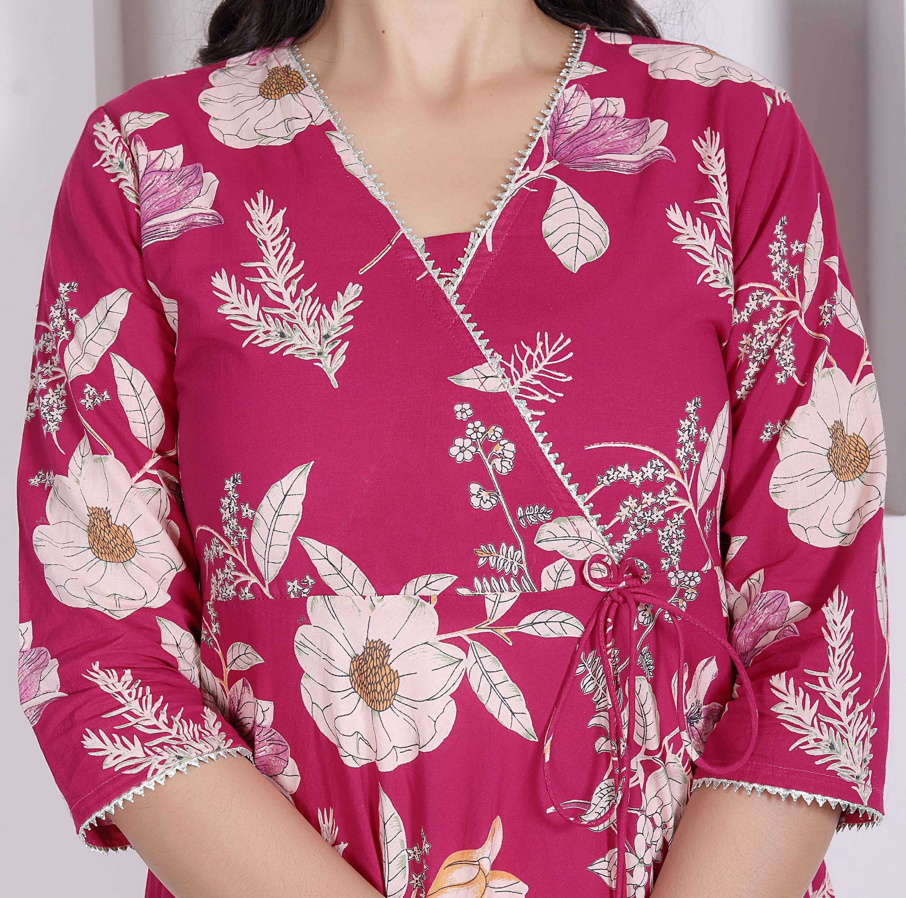 Miravan Womens Pink Floral Printed Angrakha Kurta - Dista