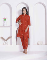 Thumbnail for Miravan Womens Rust Color Abstract Printed Cotton Kurta With Palazzo - Dista