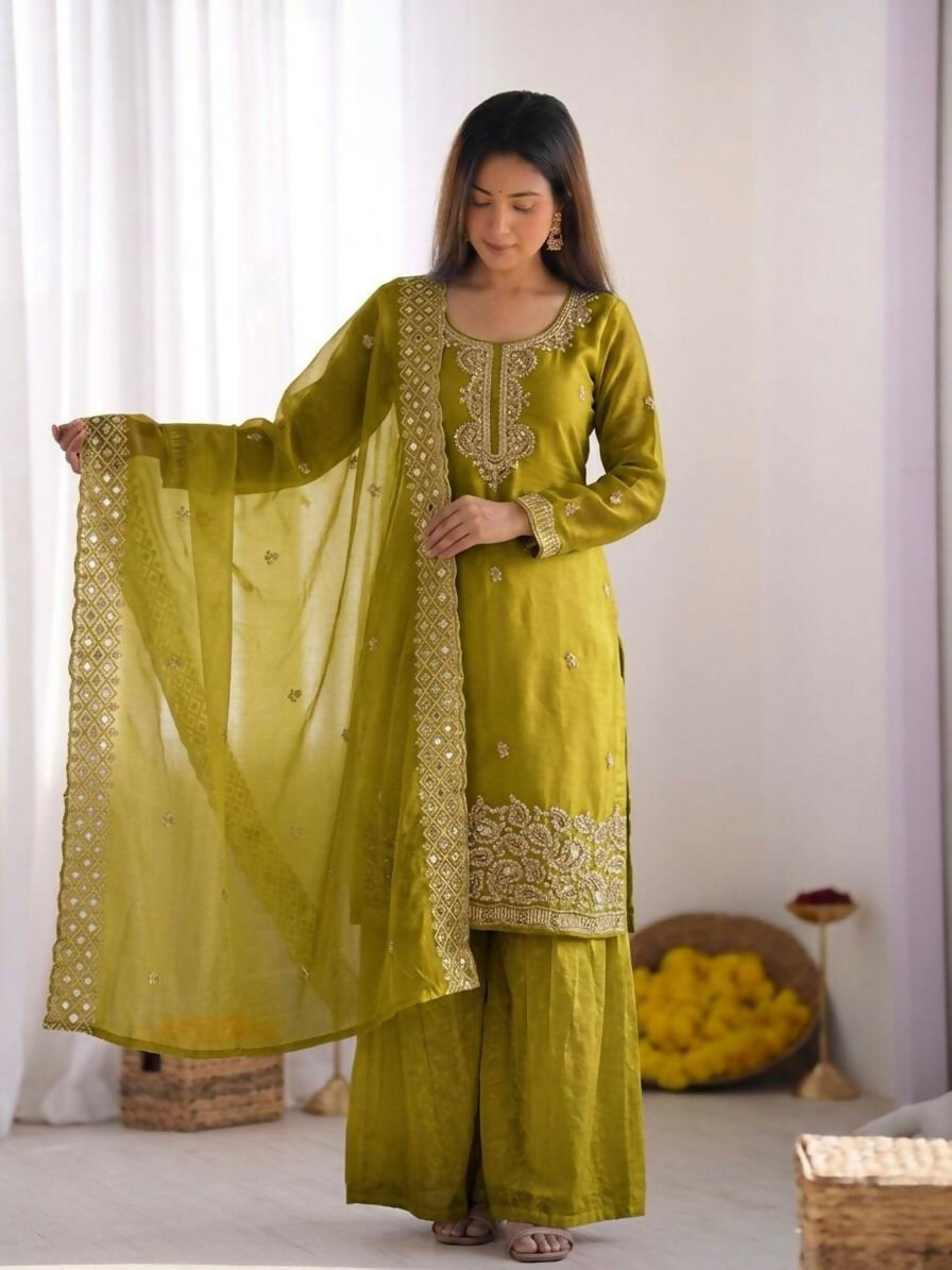 Teeya Creation Womens New Trendy Stylish Embroidery Beads Work Palazzo Kurta Set -Olive - Dista