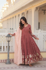 Thumbnail for Jyoti Fashion Women's Brown Faux Georgette Sequins Thread Embroidery Anarkali Dress with Dupatta - Distacart