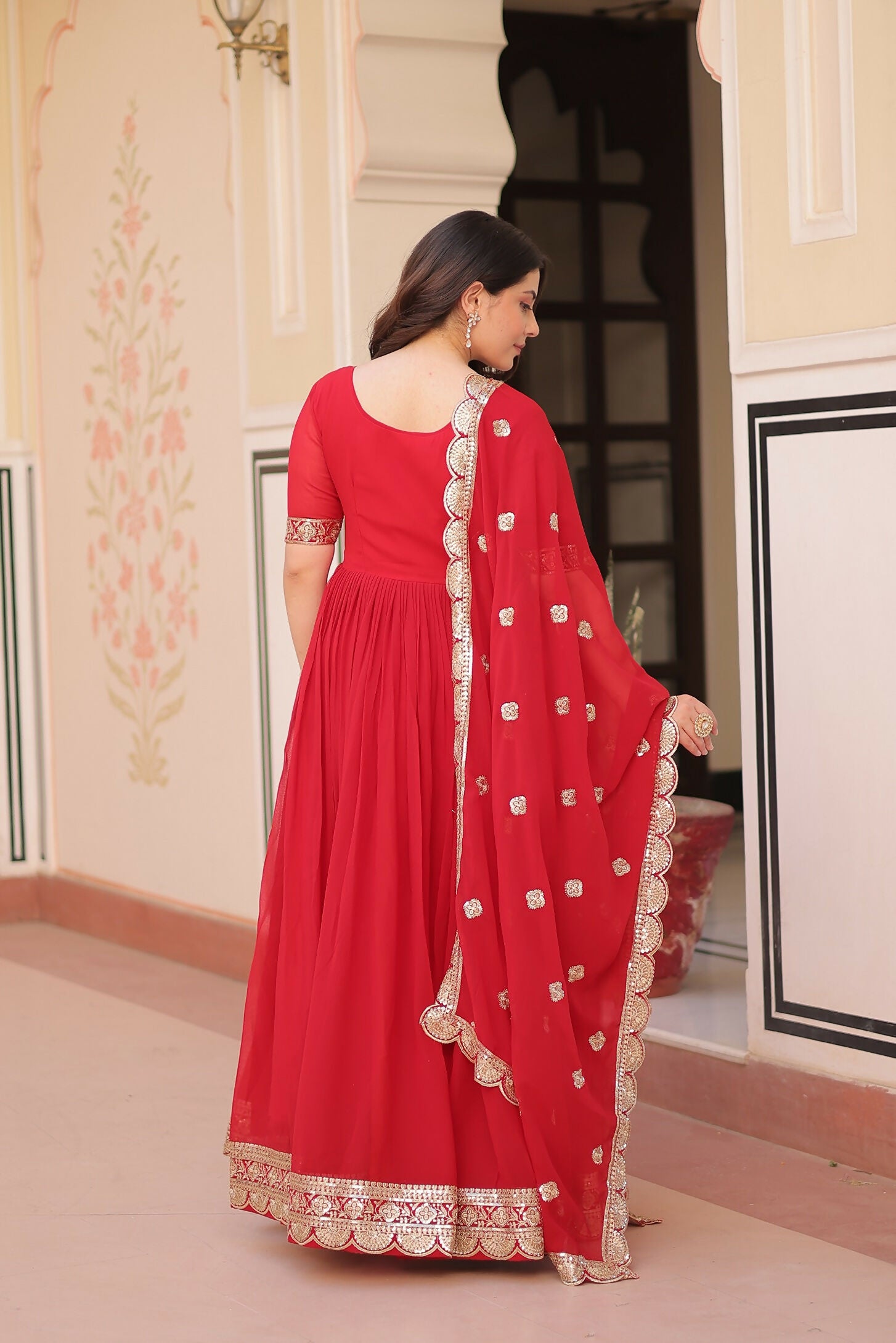 Joban Fashion Red Georgette Sequence Embroidery Work Kurta Set