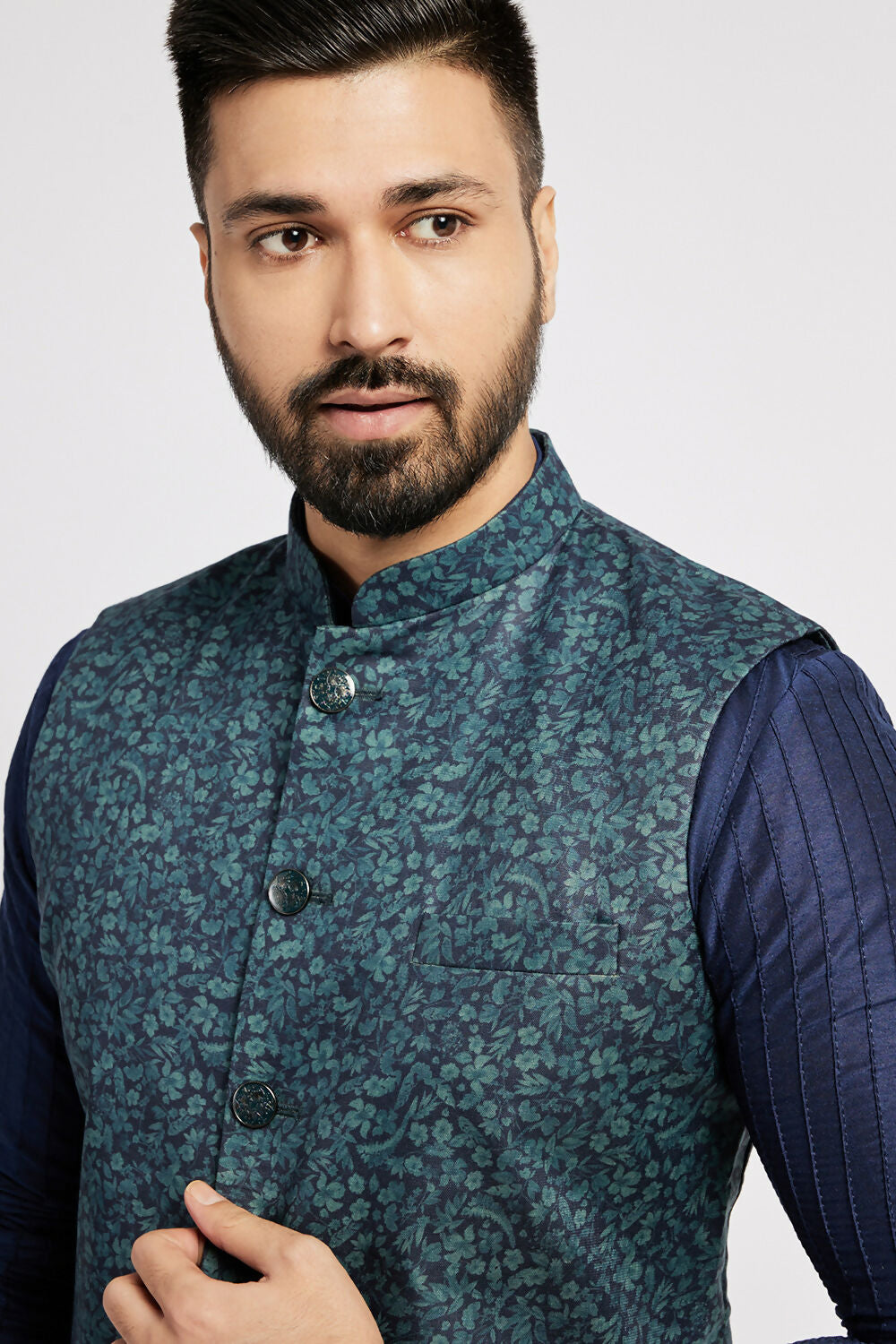 Ethnic India Navy Blue Bundi Men's Jacket Geometric Polyester - Distacart