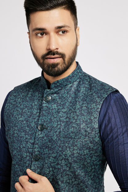 Ethnic India Navy Blue Bundi Men's Jacket Geometric Polyester - Distacart