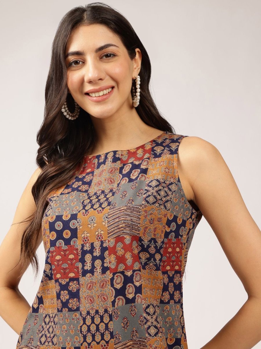 Anouk Navy Blue Floral Printed Pure Cotton Straight Kurta With Trousers - Distacart