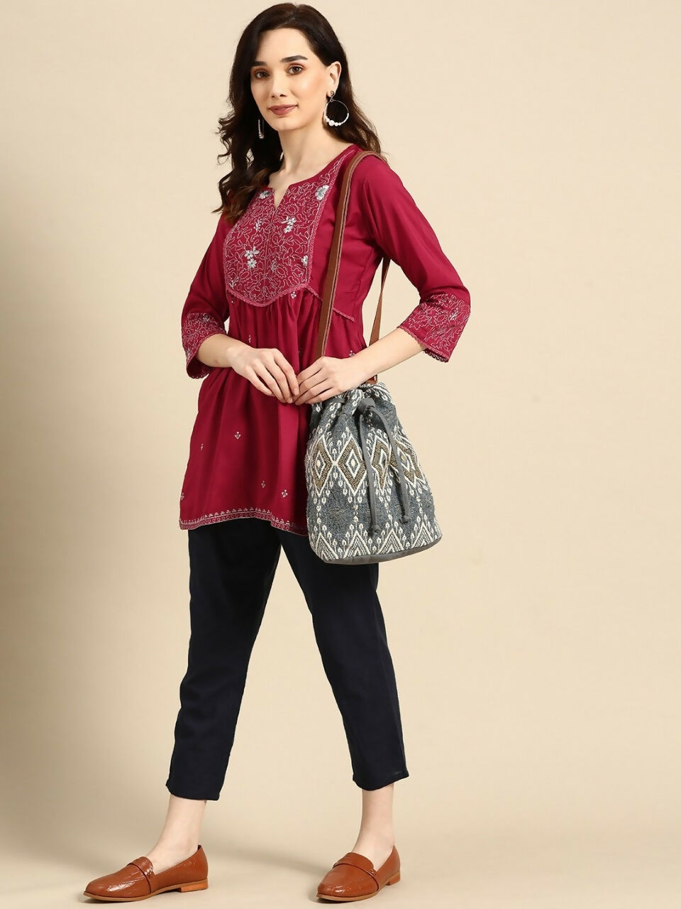 Women's Maroon Viscose blend Embroidered Short Top - Marina - Distacart