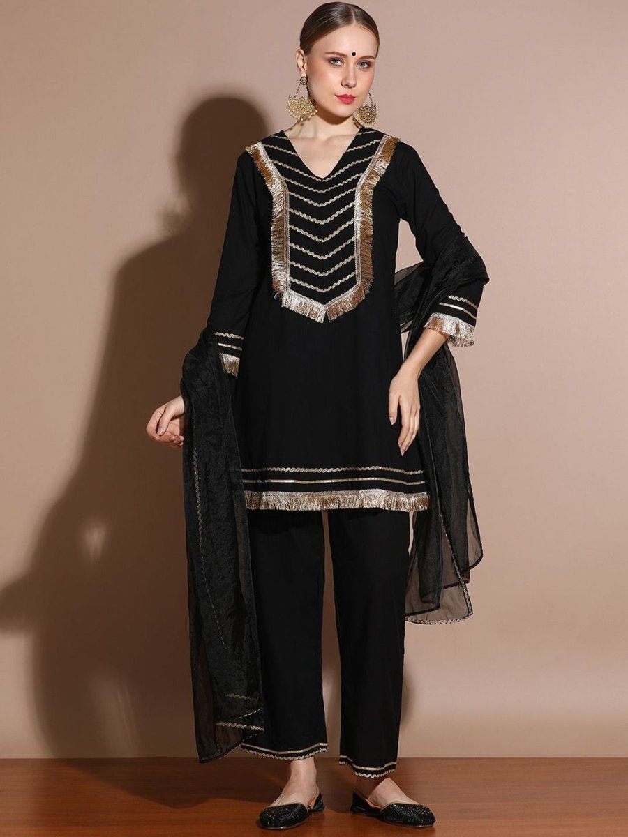 Anouk Black Floral Embroidered Pure Cotton Straight Kurta With Palazzo & Dupatta - Distacart