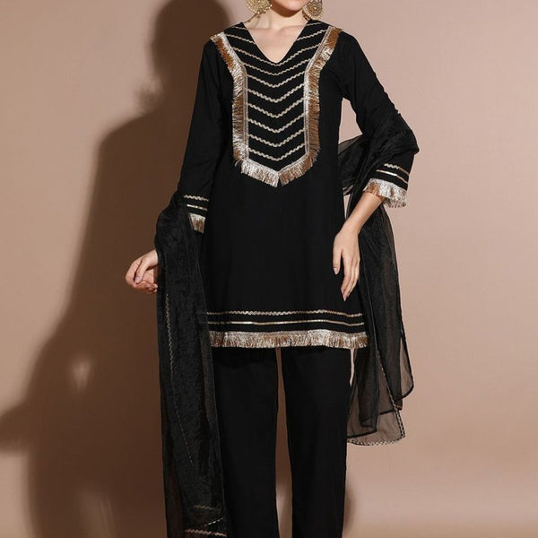 Anouk Black Floral Embroidered Pure Cotton Straight Kurta With Palazzo & Dupatta - Distacart