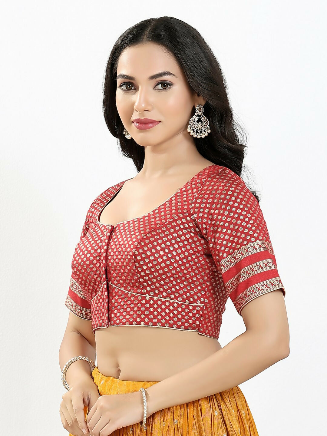 Joban Fashion Maroon Brocade Padded Blouse With Round Neck Elbow Sleeves