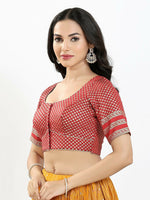 Thumbnail for Joban Fashion Maroon Brocade Padded Blouse With Round Neck Elbow Sleeves