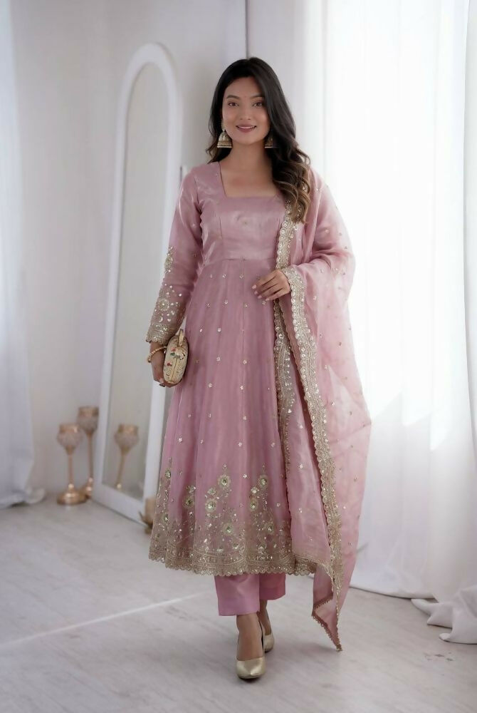 Teeya Creation Womens New Latest Trendy Elegant Baby Pink Embroidered Anarkali Suit Set with Scalloped Dupatta - Dista