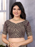 Thumbnail for Vastranavya Wine Embroidery Work Shimmer Chiffon Saree with Unstitched Blouse