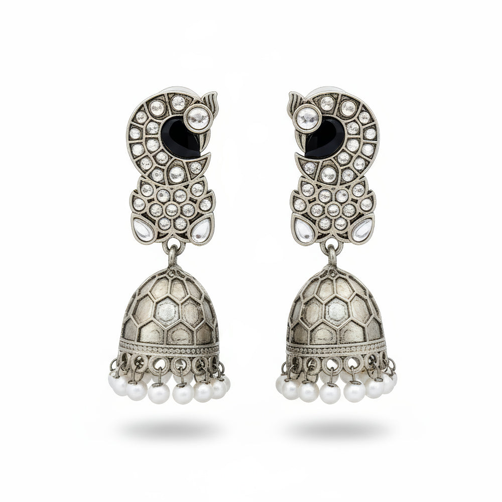 JS Fashion Clustered Pearl Fancy Oxidised Silver Jhumka Earrings for Women & Girls