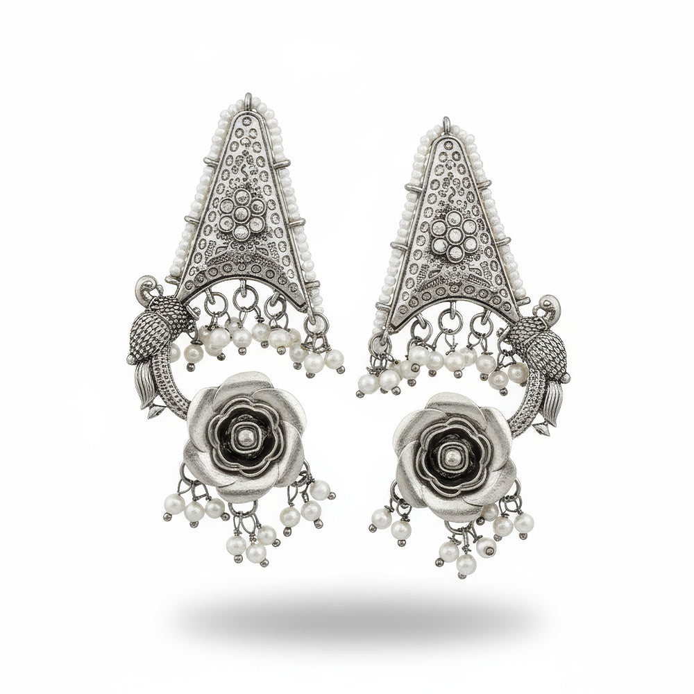 JS Fashion Oxidized Silver Flower Design Jhumka Earrings for Women