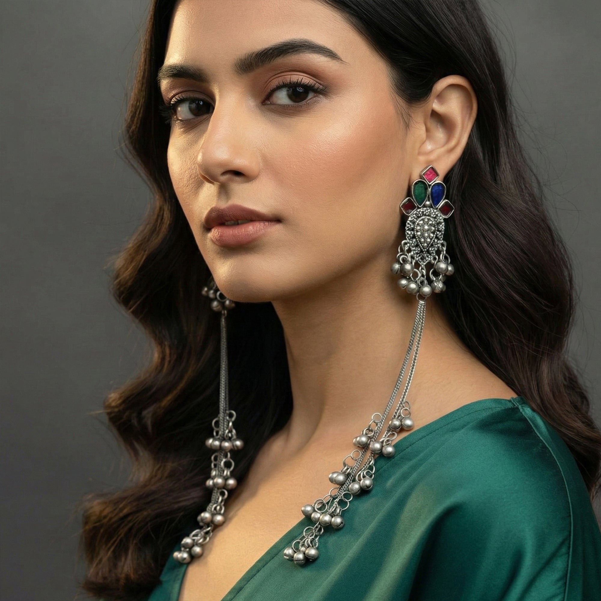 JS Fashion Oxidized Silver Long Jhumka Earrings with Ghungroo for Women & Girls