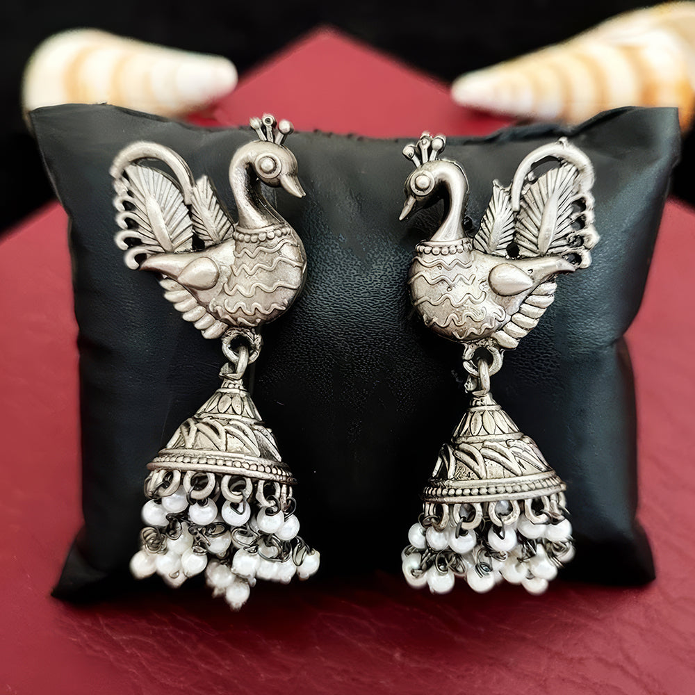 JS Fashion Peacock Design Oxidized Silver Jhumka Earrings for Women