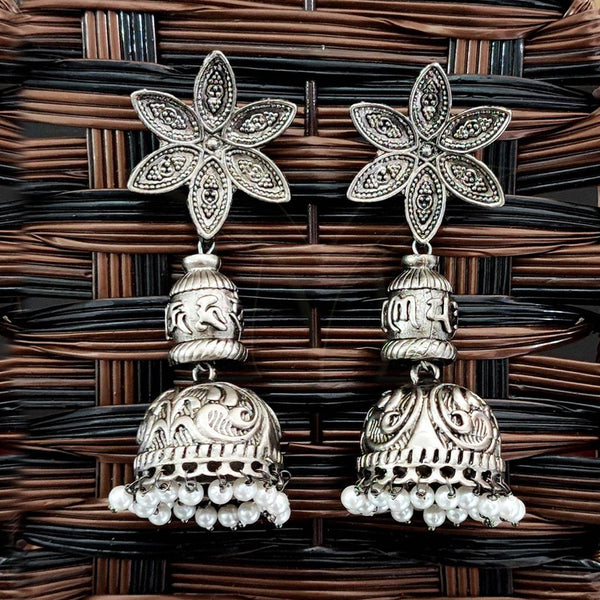 JS Fashion Oxidized Silver Flower Design Jhumka Earrings for Women