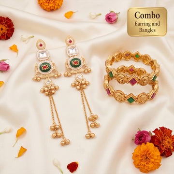 JS Fashion Combo Antique High Gold Long Kundan Earrings & Temple Coin Bangle Set of 2 For Women - Dista