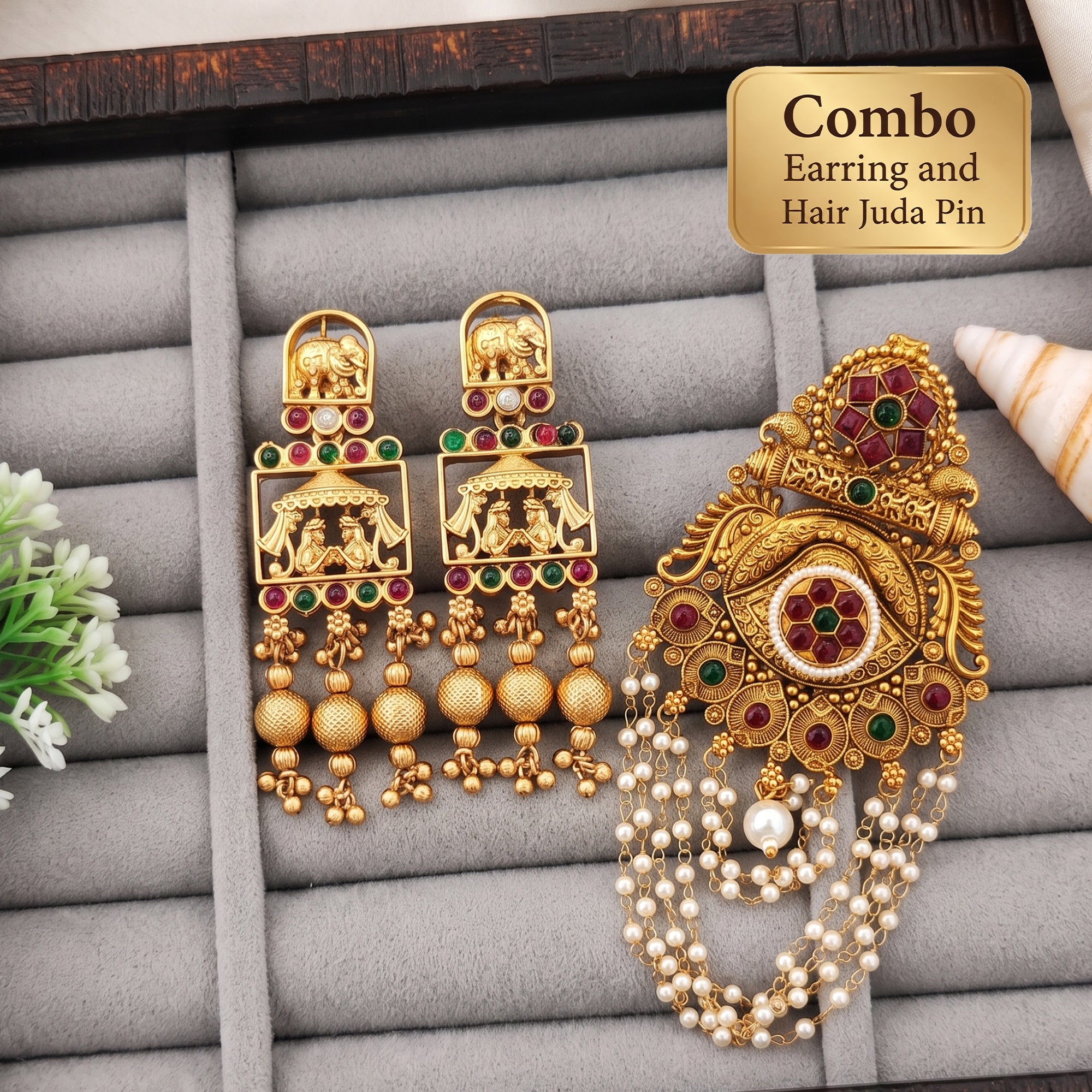 JS Fashion Combo Traditional Heritage Designer Earrings & Antique Gold Finish Juda Pin For Women - Dista